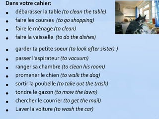 Dans votre cahier:
• débarasser la table (to clean the table)
• faire les courses (to go shopping)
• faire le ménage (to clean)
• faire la vaisselle (to do the dishes)
• garder ta petite soeur (to look after sister) )
• passer l'aspirateur (to vacuum)
• ranger sa chambre (to clean his room)
• promener le chien (to walk the dog)
• sortir la poubelle (to take out the trash)
• tondre le gazon (to mow the lawn)
• chercher le courrier (to get the mail)
• Laver la voiture (to wash the car)
 