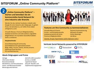 SITEFORUM „Online Community Platform“

2     „Online Community Platform“ –
    Starten und betreiben Sie ein
    kommerzielles Social Network für
    eine Industrie oder Branche
    Werden Sie das nächste Facebook, LinkedIn oder
    Google für eine Industrie oder Zielgruppe. Es gehört
    Ihnen, Sie betreiben es, wir helfen Ihnen dabei
    erfolgreich zu sein.
                                                             Features um Ihre Community zu kommerzialisieren
                                                             Virtuelle Messe & Events                Payment Automatisierung
    Virtuelle Messen, Premium Mitgliedschaften,              Firmen- und Kompetenzprofile            Netzwerk-Gruppen
    Anbieterverzeichnis und viele weitere ungezählte         Anbieterverzeichnis & Suche             Online Meetings
    Möglichkeiten mit erprobten Geschäftsmodellen            Premium Mitgliedschaften                Job Börse
    Geld zu verdienen.
                                                             (Joomla, Drupal, Typo3 bieten solche Optionen nicht.)
    Hauptmerkmale:

    Social Networking & Community                            Verticale Social Networks powered by SITEFORUM
    Social Media & User-generated Content
    Blogs, Wikis, Forums, Events, Activity streams
    Advanced Cloud Services
    PCI-certified Security

Ideale Zielgruppen und Preise
Verlage                            Ab EUR 2,995 monatlich
Information Broker                 für bis zu 10,000
Branchenverbände                   registrierte Nutzer
Marktführer und Herausforderer     Gesucht: Reseller und
Event- und Messeveranstalter       Implementierungspartner
  Page  6
Beratungsunternehmen
 