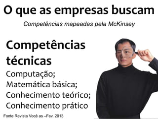 O que as empresas buscam
          Competências mapeadas pela McKinsey


 Competências
 técnicas
 Computação;
 Matemática básica;
 Conhecimento teórico;
 Conhecimento prático
Fonte Revista Você as –Fev. 2013
 