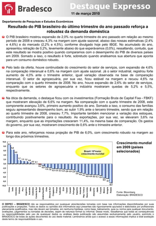 11 de março 2010

Departamento de Pesquisas e Estudos Econômicos
        Resultado do PIB brasileiro do último trimestre do ano passado reforça a
                           robustez da demanda doméstica
ü O PIB brasileiro mostrou expansão de 2,0% no quarto trimestre do ano passado em relação ao mesmo
  período de 2008 e cresceu 4,3% na margem com ajuste sazonal, abaixo das nossas estimativas (2,4%
  e 4,6%) e do mercado (2,2% e 4,5%), conforme divulgado hoje pelo IBGE. No acumulado do ano,
  apresentou retração de 0,2%, levemente abaixo do que esperávamos (0,0%), ressaltando, contudo, que
  este resultado se mostra positivo quando comparamos com o desempenho do PIB de diversos países
  em 2009. Somado a isso, o resultado é forte, sobretudo quando analisamos sua abertura que aponta
  para um consumo doméstico robusto.

ü Pelo lado da oferta, houve continuidade do crescimento do setor de serviços, com expansão de 4,6%
  na comparação interanual e 0,6% na margem com ajuste sazonal. Já o setor industrial, registrou forte
  aumento de 4,0% ante o trimestre anterior, igual variação observada na base de comparação
  interanual. O setor de agropecuária, por sua vez, ficou estável na margem e recuou 4,6% na
  comparação com o quarto trimestre de 2008. No ano, houve expansão de 2,6% do setor de serviços,
  enquanto que os setores de agropecuária e indústria mostraram quedas de 5,2% e 5,5%,
  respectivamente.

ü Na ótica da demanda, o destaque ficou com os investimentos (Formação Bruta de Capital Fixa - FBKF)
  que mostraram elevação de 6,6% na margem. Na comparação com o quarto trimestre de 2008, este
  componente avançou 3,6%, primeiro aumento positivo do ano. Somado a isso, o consumo das famílias
  seguiu apresentando desempenho bom, ao subir 1,9% ante o terceiro trimestre, sendo que em relação
  ao quarto trimestre de 2008, cresceu 7,7%. Importante também mencionar a variação dos estoques,
  contribuindo positivamente para o resultado. As exportações, por sua vez, se elevaram 3,6% na
  margem, enquanto que as importações cresceram 11,4%, na mesma base de comparação. Os gastos
  do governo, por sua vez, mostraram crescimento de 0,6% ante o trimestre anterior.

ü Para este ano, reforçamos nossa projeção de PIB de 6,0%, com crescimento robusto na margem ao
  longo dos próximos trimestres.
10,0
        8,7                                                                                                                                                                                                                                                                                                                                                Crescimento mundial
  8,0
                6,5                                                                                                                                                                                                                                                                                                                                        em 2009 (países
  6,0
                        4,5                                                                                                                                                                                                                               Brasil: 10ºmaior                                                                                 selecionados)
  4,0
                                                                                                                                                                                                                                                        crescimento mundial
                                    1,7 1,3
  2,0                                       1,2 0,8
                                                                             0,2 0,1
  0,0
                                                                                                        -0,2
 -2,0                                                                                                             -0,9
                                                                                                                                    -1,6 -1,8
                                                                                                                                                             -2,2 -2,2 -2,3 -2,4 -2,6
                                                                                                                                                                                                              -2,6 -2,8
 -4,0
                                                                                                                                                                                                                                   -3,6 -4,0
                                                                                                                                                                                                                                                        -4,3
 -6,0                                                                                                                                                                                                                                                                  -4,9 -4,9 -5,0 -5,1
                                                                                                                                                                                                                                                                                                                  -5,3
                                                                                                                                                                                                                                                                                                                             -6,5
 -8,0                                                                                                                                                                                                                                                                                                                                  -6,7

                                                                                                                                                                                                                                                                                                                                                 -8,7
-10,0
                                                                                                                                                                                                                                                                                                                                       Hungria
                                                                                                                                                                                   Tailândia




                                                                                                                                                                                                                                                                                                                   Turquia
                                                                                                                                     Chile




                                                                                                                                                                                                                        Portugal


                                                                                                                                                                                                                                              Holanda
                                                                                                                                                                                               EUA
                                                                                                                                                                                                     Taiwan
                                                                                                                                                                          França




                                                                                                                                                                                                                                                                                                                              México


                                                                                                                                                                                                                                                                                                                                                  Rússia
                Índia
                        Indonésia




                                                     Argentina




                                                                                                                                                                                                                                                         Rep. Tcheca
                                                                                                                                                              Cingapura
        China




                                                                                                                   Arábia Saudita




                                                                                                                                                                                                                                                                        Reino Unido
                                                                 Austrália
                                                                             Colômbia




                                                                                                                                             África do Sul




                                                                                                                                                                                                                                                                                                          Japão
                                                                                        Coréia do Sul
                                    Polônia
                                              Peru




                                                                                                                                                                                                               Canadá
                                                                                                         Brasil




                                                                                                                                                                                                                                    Espanha




                                                                                                                                                                                                                                                                                      Itália
                                                                                                                                                                                                                                                                                               Alemanha




                                                                                                                                                                                                                                                                                                                                                           Fonte: Bloomberg
                                                                                                                                                                                                                                                                                                                                                           Elaboração: BRADESCO


O DEPEC – BRADESCO não se responsabiliza por quaisquer atos/decisões tomadas com base nas informações disponibilizadas por suas
publicações e projeções. Todos os dados ou opiniões dos informativos aqui presentes são rigorosamente apurados e elaborados por profissionais
plenamente qualificados, mas não devem ser tomados, em nenhuma hipótese, como base, balizamento, guia ou norma para qualquer documento,
avaliações, julgamentos ou tomadas de decisões, sejam de natureza formal ou informal. Desse modo, ressaltamos que todas as consequências
ou responsabilidades pelo uso de quaisquer dados ou análises desta publicação são assumidas exclusivamente pelo usuário, eximindo o
BRADESCO de todas as ações decorrentes do uso deste material. Lembramos ainda que o acesso a essas informações implica a total aceitação
deste termo de responsabilidade e uso.
 