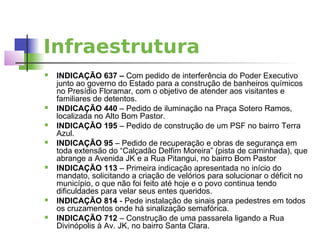 Infraestrutura
   INDICAÇÃO 637 – Com pedido de interferência do Poder Executivo
    junto ao governo do Estado para a construção de banheiros químicos
    no Presídio Floramar, com o objetivo de atender aos visitantes e
    familiares de detentos.
   INDICAÇÃO 440 – Pedido de iluminação na Praça Sotero Ramos,
    localizada no Alto Bom Pastor.
   INDICAÇÃO 195 – Pedido de construção de um PSF no bairro Terra
    Azul.
   INDICAÇÃO 95 – Pedido de recuperação e obras de segurança em
    toda extensão do “Calçadão Delfim Moreira” (pista de caminhada), que
    abrange a Avenida JK e a Rua Pitangui, no bairro Bom Pastor
   INDICAÇÃO 113 – Primeira indicação apresentada no início do
    mandato, solicitando a criação de velórios para solucionar o déficit no
    município, o que não foi feito até hoje e o povo continua tendo
    dificuldades para velar seus entes queridos.
   INDICAÇÃO 814 - Pede instalação de sinais para pedestres em todos
    os cruzamentos onde há sinalização semafórica.
   INDICAÇÃO 712 – Construção de uma passarela ligando a Rua
    Divinópolis à Av. JK, no bairro Santa Clara.
 