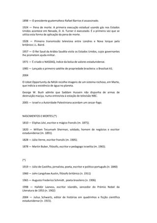 1898 — O presidente guatemalteco Rafael Barrios é assassinado.
1924 — Pena de morte: A primeira execução estadual usando gás nos Estados
Unidos acontece em Nevada, D. A. Turner é executado. É a primeira vez que se
utiliza esta forma de aplicação da pena de morte.
1928 — Primeira transmissão televisiva entre Londres e Nova Iorque pelo
britânico J.L. Baird.
1957 — O Rei Saud da Arábia Saudita visita os Estados Unidos, cujos governantes
lhe prometem ajuda militar.
1971 — É criado o NASDAQ, índice da bolsa de valores estadunidense.
1985 — Lançado o primeiro satélite de propriedade brasileira: o Brasilsat A1.
2004
O robot Opportunity da NASA recolhe imagens de um sistema rochoso, em Marte,
que indicia a existência de água no planeta.
George W. Bush admite que Saddam Hussein não dispunha de armas de
destruição maciça, numa entrevista à estação de televisão NBC.
2005 — Israel e a Autoridade Palestiniana acordam um cessar-fogo.
NASCIMENTOS E MORTES (*)
1810 — Eliphas Lévi, escritor e mágico francês (m. 1875).
1820 — William Tecumseh Sherman, soldado, homem de negócios e escritor
estadunidense (m. 1891).
1828 — Júlio Verne, escritor francês (m. 1905).
1878 — Martin Buber, filósofo, escritor e pedagogo israelita (m. 1965).
(*)
1919 — Júlio de Castilho, jornalista, poeta, escritor e político português (n. 1840)
1960 — John Langshaw Austin, filósofo britânico (n. 1911)
1965 — Augusto Frederico Schmidt , poeta brasileiro (n. 1906)
1998 — Halldór Laxness, escritor islandês, vencedor do Prémio Nobel da
Literatura de 1955 (n. 1902)
2004 — Julius Schwartz, editor de histórias em quadrinhos e ficção científica
estadunidense (n. 1915).
 