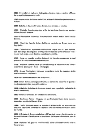 1215 - O rei João I de Inglaterra é obrigado pelos seus nobres a assinar a Magna
Carta, que limita os poderes reais.
1246 - Com a morte do Duque Frederico II, a Dinastia Babemberga se encerra na
Áustria.
1389 - Batalha do Kosovo: Os turcos derrotam os sérvios e os bósnios.
1502 - Cristóvão Colombo descobre a ilha de Martinica durante sua quarta e
última viagem à América.
1520 - O Papa Leão X excomunga Martinho Lutero através da bula papal Exsurge
Domine.
1580 - Filipe II de Espanha declara Guilherme I, príncipe de Orange como um
fora-da-lei.
1667 - É administrada a primeira transfusão de sangue pelo Dr. Jean Baptiste,
com doze onças de sangue de ovelha para um rapaz de quinze anos que veio a
morrer mais tarde, sendo Baptiste acusado de homicídio.
1742 - Entra em erupção o vulcão Cotopaxi, no Equador, devastando a atual
província de León, uma das mais ricas do país.
1752 - Benjamin Franklin prova que um relâmpago é electricidade na famosa
experiência - (papagaio + chave + relâmpago).
1775 - George Washington é nomeado comandante chefe das tropas da União
que lutam contra a Inglaterra.
1808 - José Bonaparte se torna Rei da Espanha.
1813 - Simon Bolívar promulga em Trujillo, na Venezuela, o decreto de guerra e
morte aos espanhóis e seus colaboradores.
1814 - O Exército de Bolívar é derrotado pelas tropas espanholas na batalha da
Puerta (Venezuela).
1836 - Arkansas torna-se o 25º estado norte-americano.
1838 - Batalha do Palmar - Uruguai, em que Fructuoso Rivera toma o poder,
depondo o presidente Manuel Oribe.
1844 - Charles Goodyear regista a patente da vulcanização, um processo que
endurece a borracha, tornando-se o dono de uma das maiores fábricas de pneus
do mundo.
1846 - O Tratado de Oregon estabelece o 49º paralelo como a fronteira entre os
Estados Unidos e o Canadá entre as Montanhas Rochosas e o Estreito de Juan de
Fuca.
1904 - Morrem 1 021 pessoas no incêndio do barco General Slocum na baía de
Nova Iorque.
 