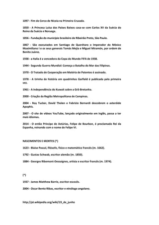 1097 - Fim do Cerco de Niceia na Primeira Cruzada.
1850 - A Princesa Luísa dos Países Baixos casa-se com Carlos XV da Suécia do
Reino da Suécia e Noruega.
1856 - Fundação do município brasileiro de Ribeirão Preto, São Paulo.
1867 - São executados em Santiago de Querétaro o Imperador do México
Maximiliano I e os seus generais Tomás Mejía e Miguel Miramón, por ordem de
Benito Juárez.
1938 - a Italia é a vencedora da Copa do Mundo FIFA de 1938.
1944 - Segunda Guerra Mundial: Começa a Batalha do Mar das Filipinas.
1970 - O Tratado de Cooperação em Matéria de Patentes é assinado.
1978 - A tirinha de história em quadrinhos Garfield é publicada pela primeira
vez.
1961 - A independência do Kuwait sobre a Grã-Bretanha.
2000 - Criação da Região Metropolitana de Campinas.
2004 - Roy Tucker, David Tholen e Fabrizio Bernardi descobrem o asteróide
Apophis.
2007 - O site de vídeos YouTube, lançado originalmente em inglês, passa a ter
mais idiomas.
2014 - O então Príncipe de Astúrias, Felipe de Bourbon, é proclamado Rei da
Espanha, reinando com o nome de Felipe VI.
NASCIMENTOS E MORTES (*)
1623 - Blaise Pascal, filósofo, físico e matemático francês (m. 1662).
1792 - Gustav Schwab, escritor alemão (m. 1850).
1884 - Georges Ribemont-Dessaignes, artista e escritor francês (m. 1974).
(*)
1937 - James Matthew Barrie, escritor escocês.
2004 - Oscar Bento Ribas, escritor e etnólogo angolano.
http://pt.wikipedia.org/wiki/19_de_junho
 