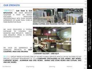 Architecture engineering planning interiors
OUR STRENGTH
TotalTurnkeySolutions
“DESTEC”, OUR TEAM IS OUR
REPUTATION. WE HAVE BROUGHT
TOGETHER A TEAM OF HIGHLY
FOCUSSED DEDICATED
PROFFESSIONALS WITH TEAM LEADERS
EXPERIENCE OF MORE THAN 15YRS IN
THEIR RESPECTIVE FIELDS
WE HAVE DEVELOPED A SYSTEM/
SOFTWARE TO CONTROL AND
MONITOR OUR PROJECTS DIRECTLY
AND REMOTELY FROM A CENTRE/
HEADOFFICE IN DUBAI
WE HAVE AN EXPERIENCE OF
HANDLING PROJECTS IN GULF
COUNTRIES, INDIA AND SRILANKA
DESTEC GROUP PRIDES IN GIVING ONE OF THE BEST FLEXIBLE SERVICES WHICH CAN BE TAILOERD TO SUIT
SPECIFIC CUSTOMER REQUIREMENT BY ITS 6 COMPANIES SPECIALISIING IN CIVIL WORKS, MEP WORKS,
CARPENTRY WORKS , ALUMINIUM AND STEEL WORKS , MARBLE AND STONE WORKS AND GYPSUM, GRG
AND GRC WORKS
MARBLE CUTTING AND POLISHING FACTORY – 10,000 SQ,FT
CARPENTRY FACTORY – 6000 SQ,FT
POBox:47395Phone:06-5389464Fax:06–5389576
Email:info@destec-me.com/destec.me@gmail.com
5
 