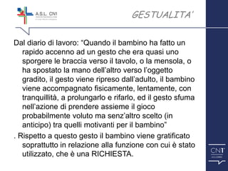 ™
Dal diario di lavoro: “Quando il bambino ha fatto un
rapido accenno ad un gesto che era quasi uno
sporgere le braccia verso il tavolo, o la mensola, o
ha spostato la mano dell’altro verso l’oggetto
gradito, il gesto viene ripreso dall’adulto, il bambino
viene accompagnato fisicamente, lentamente, con
tranquillità, a prolungarlo e rifarlo, ed il gesto sfuma
nell’azione di prendere assieme il gioco
probabilmente voluto ma senz’altro scelto (in
anticipo) tra quelli motivanti per il bambino”
. Rispetto a questo gesto il bambino viene gratificato
soprattutto in relazione alla funzione con cui è stato
utilizzato, che è una RICHIESTA.
GESTUALITA’
 