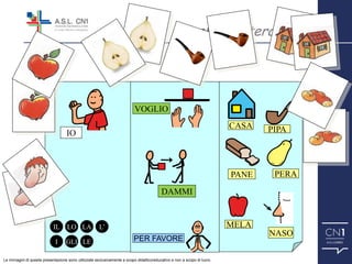 Giochi di interazione
VOGLIO
IO
CASA PIPA
PERAPANE
MELA
NASO
DAMMI
PER FAVORE
IL LO LA L’
I GLI LE
Le immagini di questa presentazione sono utilizzate esclusivamente a scopo didattico/educativo e non a scopo di lucro.
 