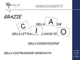 ™
GRAZIE
DELL’ATTENZIONE
DELLA LETTURA E DELL’ASCOLTO
DELLA CONDIVISIONE
DELLA COSTRUZIONE CONGIUNTA
RIGRAZIAMENTI
 