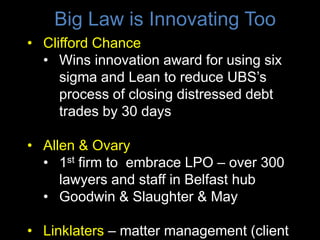 • Clifford Chance
• Wins innovation award for using six
sigma and Lean to reduce UBS’s
process of closing distressed debt
...