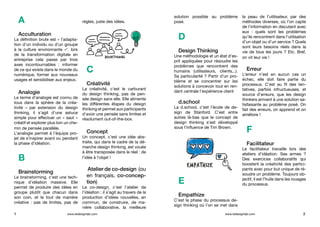 A
Acculturation
La définition brute est « l’adapta-
tion d’un individu ou d’un groupe
à la culture environnante »*. lors
de la transformation digitale en
entreprise cela passe par trois
axes incontournables : informer
de ce qui existe dans le monde du
numérique, former aux nouveaux
usages et sensibiliser aux enjeux.
Analogie
Le terme d’analogie est connu de
tous dans la sphère de la créa-
tivité – par extension du design
thinking, il s’agit d’une astuce
simple pour effectuer un « saut »
créatif et explorer plus loin un che-
min de pensée parallèle.
L’analogie permet à l’équipe pro-
jet de s’inspirer avant ou pendant
la phase d’idéation.
B
Brainstorming
Le brainstorming, c’est une tech-
nique d’idéation massive. Elle
permet de produire des idées en
groupe plutôt que chacun dans
son coin, et le tout de manière
créative : pas de limites, pas de
règles, juste des idées.
C
Créativité
La créativité, c’est le carburant
du design thinking, pas de pen-
sée design sans elle. Elle alimente
les différentes étapes du design
thinking et permet aux participants
d’avoir une pensée sans limites et
résolument out-of-the-box.
Concept
Un concept, c’est une idée abs-
traite, qui dans le cadre de la dé-
marche design thinking, est vouée
à être transposée dans le réel : de
l’idée à l’objet !
Atelier de co-design (ou
en français, co-concep-
tion)
Le co-design, c’est l’atelier de
l’idéation : il s’agit au travers de la
production d’idées nouvelles, en
commun, de construire, de ma-
nière collaborative, la meilleure
solution possible au problème
posé.
D
Design Thinking
Une méthodologie et un état d’es-
prit appliquées pour résoudre les
problèmes que rencontrent des
humains (utilisateurs, clients,..).
Sa particularité ? Partir d’un pro-
blème et se concentrer sur les
solutions à concevoir tout en ren-
dant centrale l’expérience client
d.school
La d.school, c’est l’école de de-
sign de Stanford. C’est entre
autres là-bas que le concept de
design thinking s’est développé
sous l’influence de Tim Brown.
E
Empathize
C’est la phase du processus de-
sign thinking où l’on se met dans
la peau de l’utilisateur, par des
méthodes diverses, où l’on capte
de l’information en discutant avec
eux  : quels sont les problèmes
qu’ils rencontrent dans l’utilisation
d’un objet ou d’un service ? Quels
sont leurs besoins réels dans la
vie de tous les jours ? Etc. Bref,
on vit leur vie !
Erreur
L’erreur n’est en aucun cas un
échec, elle doit faire partie du
processus. C’est au fil des ten-
tatives, parfois infructueuses, et
source d’erreurs, que les design
thinkers arrivent à une solution sa-
tisfaisante au problème posé. On
fait des erreurs, on apprend et on
améliore !
F
Facilitateur
Le facilitateur travaille lors des
ateliers d’idéation. Ses armes  ?
Des exercices collaboratifs qui
boostent la créativité des partici-
pants avec pour but unique de ré-
soudre un problème. Toujours ob-
jectif, il est l’huile dans les rouages
du processus.
1 2www.ledesignlab.com www.ledesignlab.com
 