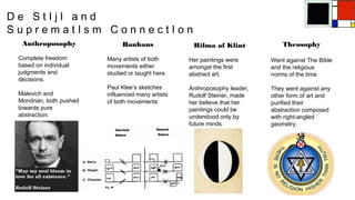 Bauhaus
Many artists of both
movements either
studied or taught here.
Paul Klee’s sketches
influenced many artists
of both movements
Hilma af Klint
Her paintings were
amongst the first
abstract art.
Anthroposophy leader,
Rudolf Steiner, made
her believe that her
paintings could be
understood only by
future minds.
Anthroposophy
Complete freedom
based on individual
judgments and
decisions.
Malevich and
Mondrian, both pushed
towards pure
abstraction.
Theosophy
Went against The Bible
and the religious
norms of the time.
They went against any
other form of art and
purified their
abstraction composed
with right-angled
geometry.
D e S t I j l a n d
S u p r e m a t I s m C o n n e c t I o n
 