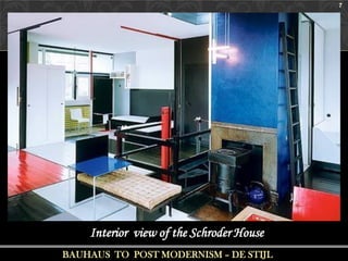 7




    Interior view of the Schroder House
BAUHAUS TO POST MODERNISM – DE STIJL
 