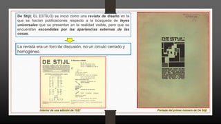 La revista era un foro de discusión, no un circulo cerrado y
homogéneo.
De Stijl( EL ESTILO) se inició como una revista de diseño en la
que se hacían publicaciones respecto a la búsqueda de leyes
universales que se presentan en la realidad visible, pero que se
encuentran escondidas por las apariencias externas de las
cosas.
Portada del primer número de De StijlInterior de una edición de 1921
 