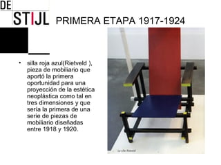 PRIMERA ETAPA 1917-1924



•   silla roja azul(Rietveld ),
    pieza de mobiliario que
    aportó la primera
    oportunidad para una
    proyección de la estética
    neoplástica como tal en
    tres dimensiones y que
    sería la primera de una
    serie de piezas de
    mobiliario diseñadas
    entre 1918 y 1920.
 