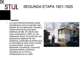 SEGUNDA ETAPA 1921-1925



•   La Casa Rietveld-Schröder puede
    considerarse como el ejemplo más
    logrado de una aplicación resuelta y
    consecuente de los principios
    estéticos de Stijl. En efecto esta
    casa construida en 1924, es una
    realización de los 16 puntos de una
    arquitectura plásticas de van
    Doesburg, publicados al tiempo que
    se terminaba la casa. Ésta cumplía
    su prescripción, ya que era
    elemental, económica y funcional,
    antimonumental y dinámica,
    anticúbica en su forma y
    antidecorativa en su color.
 