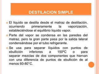 DESTILACION SIMPLE
 El liquido se destila desde el matraz de destilación,
ocurriendo primeramente la vaporización,
estableciéndose el equilibrio liquido vapor.
 Parte del vapor se condensa en las paredes del
matraz, pero la gran parte pasa por la salida lateral
condensándose por el tubo refrigerante.
 Se usa para separar líquidos con puntos de
ebullición inferiores a 150ºC o para
separar mezclas de dos componentes que hiervan
con una diferencia de puntos de ebullición de al
menos 60-80°C.
 