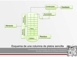 Alimento
Acumulador
Condensador
Destilado
Residuo
Sector
de
enriquecimiento
Sector
de
agotamiento
Caldera
Platos
Esquema de una columna de platos sencilla
 