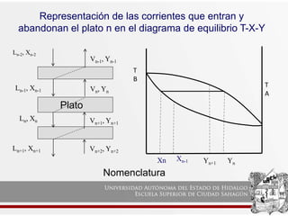 Nomenclatura
Plato
Ln-2, Xn-2
Ln-1, Xn-1
Ln, Xn
Ln+1, Xn+1
Vn-1, Yn-1
Vn+2, Yn+2
Vn+1, Yn+1
Vn, Yn
T
A
T
B
Xn Xn-1 Yn+1 Yn
Representación de las corrientes que entran y
abandonan el plato n en el diagrama de equilibrio T-X-Y
 