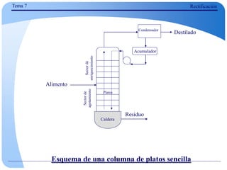 Esquema de una columna de platos sencilla
Alimento
Acumulador
Condensador
Destilado
Residuo
Sector
de
enriquecimiento
Sector
de
agotamiento
Caldera
Platos
Tema 7 Rectificación
 