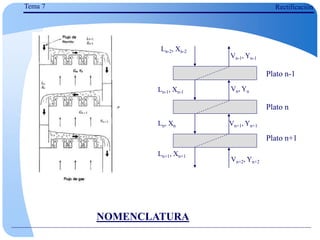 NOMENCLATURA
Plato n
Plato n+1
Plato n-1
Vn, Yn
Vn-1, Yn-1
Vn+1, Yn+1
Vn+2, Yn+2
Ln+1, Xn+1
Ln, Xn
Ln-1, Xn-1
Ln-2, Xn-2
Tema 7 Rectificación
 