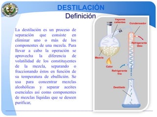 DESTILACIÓN
Definición
La destilación es un proceso de
separación que consiste en
eliminar uno o más de los
componentes de una mezcla. Para
llevar a cabo la operación se
aprovecha la diferencia de
volatilidad de los constituyentes
de la mezcla, separando o
fraccionando éstos en función de
su temperatura de ebullición. Se
usa para concentrar mezclas
alcohólicas y separar aceites
esenciales así como componentes
de mezclas líquidas que se deseen
purificar,
 