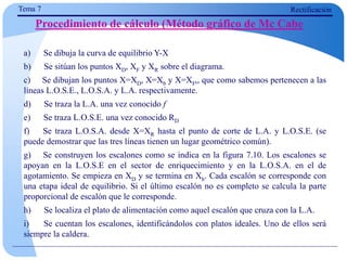 Tema 7 Rectificación
Procedimiento de cálculo (Método gráfico de Mc Cabe
a) Se dibuja la curva de equilibrio Y-X
b) Se sitúan los puntos XD, XF y XR sobre el diagrama.
c) Se dibujan los puntos X=XD, X=Xb y X=XF,, que como sabemos pertenecen a las
líneas L.O.S.E., L.O.S.A. y L.A. respectivamente.
d) Se traza la L.A. una vez conocido f
e) Se traza L.O.S.E. una vez conocido RD
f) Se traza L.O.S.A. desde X=XR hasta el punto de corte de L.A. y L.O.S.E. (se
puede demostrar que las tres líneas tienen un lugar geométrico común).
g) Se construyen los escalones como se indica en la figura 7.10. Los escalones se
apoyan en la L.O.S.E en el sector de enriquecimiento y en la L.O.S.A. en el de
agotamiento. Se empieza en XD y se termina en Xb. Cada escalón se corresponde con
una etapa ideal de equilibrio. Si el último escalón no es completo se calcula la parte
proporcional de escalón que le corresponde.
h) Se localiza el plato de alimentación como aquel escalón que cruza con la L.A.
i) Se cuentan los escalones, identificándolos con platos ideales. Uno de ellos será
siempre la caldera.
 