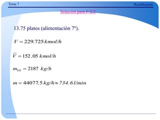 13.75 platos (alimentación 7º).
Solución para f=2/3
Tema 7 Rectificación
kmol/h
.
V 05
152

kmol/h
.
V 725
229

kg/h
mvs 2187

l/min
734.6
kg/h
.
m 
 5
44077
 