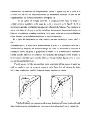 hacia la línea de operación de enriquecimiento (véase la Figura 9-a). En el punto 4, el
escalón pasa la línea de empobrecimiento. Se necesitaría entonces un total de 4.6
etapas teóricas. (La alimentación entraría en el plato 4.)
Si se aplica el método correcto, el desplazamiento hacia la línea de
empobrecimiento sucederá en la etapa 2, como lo muestra en la figura9 -b. Si la
alimentación penetra en el plato 2 se requieren solamente 3.7 etapas. Para mantener el
número de platos al mínimo, el cambio de la línea de operación de enriquecimiento a la
línea de operación de empobrecimiento se debe hacer en la primera oportunidad que
exista después de pasar la intersección de la línea de operación.
En la figura 9-b, la alimentación es en parte líquido y en parte vapor, puesto que 0 <
q < 1.
En consecuencia, al introducir la alimentación en el plato 2, la porción de vapor de la
alimentación se separa y se adiciona debajo del plato 2 y el líquido se adiciona al
líquido por encima del plato 2, que penetra al mismo. Si la alimentación es totalmente
líquida, se debe adicionar al líquido que fluye al plato 2 del plato por encima de éste. Si
la alimentación es toda vapor, se debe adicionar debajo del plato 2 para unirse al vapor
que se eleva del plato inferior.
Puesto que un hervidor se considera como una etapa teórica cuando el vapor yw
está en equilibrio con xw, como se muestra en la figura 9-b, el número de platos
teóricos en una torre es igual al número de etapas teóricas menos una.
FIGURA 9:Método para escalonar el numero de platos teóricos y localización del
plato de alimentación: (a) localización inapropiada de la alimentación en el plato 4. (b)
 