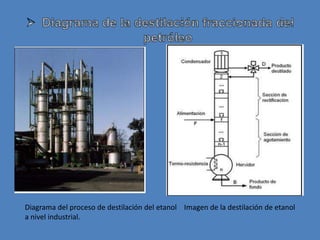 Diagrama del proceso de destilación del etanol Imagen de la destilación de etanol
a nivel industrial.
 