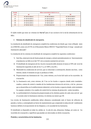 Tomo I
222
El aljibe tendrá que tener un volumen de 14,4 m3
para el uso exclusivo de la red de alimentación de los
BIEs
 Sistemas de alumbrado de emergencia.
La instalación de alumbrado de emergencia cumplirá las condiciones de diseño que viene reflejada tanto
en el RSCIEI, como con el CTE en el Documento Básico DB-SI 4 “Seguridad frente el riesgo causado por
iluminación adecuada”.
La instalación de los sistemas de alumbrado de emergencia cumplirá las siguientes condiciones:
1) Será fija, estará provista de fuente propia de energía y entrará automáticamente en funcionamiento
al producirse un fallo en el del 70 % de su tensión nominal de servicio).
2) El alumbrado de emergencia de las vías de evacuación debe alcanzar al menos el 50% del nivel de
iluminación requerido al cabo de los 5 s y el 100% a los 60 s.
3) Mantendrá las condiciones de servicio, que se relacionan a continuación, durante una hora, como
mínimo, desde el momento en que se produzca el fallo.
4) Proporcionará una iluminancia de 1 lux, como mínimo, en el nivel del suelo en los recorridos de
evacuación.
5) La iluminancia será, como mínimo, de 5 lux en los locales o espacios donde estén instalados:
cuadros, centros de control o mandos de las instalaciones técnicas de servicios, o de los procesos
que se desarrollan en el establecimiento industrial y en los locales o espacios donde estén instalados
los equipos centrales o los cuadros de control de los sistemas de protección contra incendios.
6) La uniformidad de la iluminación proporcionada en los distintos puntos de cada zona será tal que
el cociente entre la iluminancia máxima y la mínima sea menor que 40.
Los niveles de iluminación establecidos deben obtenerse considerando nulo el factor de reflexión de
paredes y techos y contemplando un factor de mantenimiento que comprenda la reducción del rendimiento
luminoso debido al envejecimiento de las lámparas y a la suciedad de las luminarias.
El alumbrado se dispondrá en todas las salidas en la sala de cata, almacenes, bodega, así como en los
recorridos de evacuación y superficies que puedan ser atravesadas en dicho evacuación.
Posición y características de las luminarias.
 