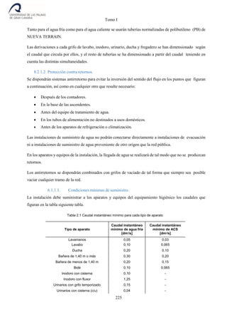 Tomo I
225
Tanto para el agua fría como para el agua caliente se usarán tuberías normalizadas de polibutileno (PB) de
NUEVA TERRAIN.
Las derivaciones a cada grifo de lavabo, inodoro, urinario, ducha y fregadero se han dimensionado según
el caudal que circula por ellos, y el resto de tuberías se ha dimensionado a partir del caudal teniendo en
cuenta las distintas simultaneidades.
8.2.1.2 Protección contra retornos.
Se dispondrán sistemas antirretorno para evitar la inversión del sentido del flujo en los puntos que figuran
a continuación, así como en cualquier otro que resulte necesario:
 Después de los contadores.
 En la base de las ascendentes.
 Antes del equipo de tratamiento de agua.
 En los tubos de alimentación no destinados a usos domésticos.
 Antes de los aparatos de refrigeración o climatización.
Las instalaciones de suministro de agua no podrán conectarse directamente a instalaciones de evacuación
ni a instalaciones de suministro de agua proveniente de otro origen que la red pública.
En los aparatos y equipos de la instalación, la llegada de agua se realizará de tal modo que no se produzcan
retornos.
Los antirretornos se dispondrán combinados con grifos de vaciado de tal forma que siempre sea posible
vaciar cualquier tramo de la red.
6.1.1.1. Condiciones mínimas de suministro.
La instalación debe suministrar a los aparatos y equipos del equipamiento higiénico los caudales que
figuran en la tabla siguiente tabla.
Tabla 2.1 Caudal instantáneo mínimo para cada tipo de aparato
Tipo de aparato
Caudal instantáneo
mínimo de agua fría
[dm3
/s]
Caudal instantáneo
mínimo de ACS
[dm3
/s]
Lavamanos 0,05 0,03
Lavabo 0,10 0,065
Ducha 0,20 0,10
Bañera de 1,40 m o más 0,30 0,20
Bañera de menos de 1,40 m 0,20 0,15
Bidé 0,10 0,065
Inodoro con cisterna 0,10 -
Inodoro con fluxor 1,25 -
Urinarios con grifo temporizado 0,15 -
Urinarios con cisterna (c/u) 0,04 -
 