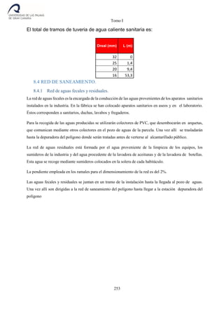 Tomo I
253
El total de tramos de tuveria de agua caliente sanitaria es:
Dreal (mm) L (m)
32 0
25 1,4
20 9,4
16 53,3
8.4 RED DE SANEAMIENTO.
8.4.1 Red de aguas fecales y residuales.
La red de aguas fecales es la encargada de la conducción de las aguas provenientes de los aparatos sanitarios
instalados en la industria. En la fábrica se han colocado aparatos sanitarios en aseos y en el laboratorio.
Éstos corresponden a sanitarios, duchas, lavabos y fregaderos.
Para la recogida de las aguas producidas se utilizarán colectores de PVC, que desembocarán en arquetas,
que comunican mediante otros colectores en el pozo de aguas de la parcela. Una vez allí se trasladarán
hasta la depuradora del polígono donde serán tratadas antes de verterse al alcantarillado público.
La red de aguas residuales está formada por el agua proveniente de la limpieza de los equipos, los
sumideros de la industria y del agua procedente de la lavadora de aceitunas y de la lavadora de botellas.
Esta agua se recoge mediante sumideros colocados en la solera de cada habitáculo.
La pendiente empleada en los ramales para el dimensionamiento de la red es del 2%.
Las aguas fecales y residuales se juntan en un tramo de la instalación hasta la llegada al pozo de aguas.
Una vez allí son dirigidas a la red de saneamiento del polígono hasta llegar a la estación depuradora del
polígono
 