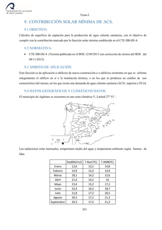 Tomo I
261
9. CONTRIBUCIÓN SOLAR MÍNIMA DE ACS.
9.1 OBJETIVO.
Cálculos de superficie de captación para la producción de agua caliente sanitarias, con el objetivo de
cumplir con la contribución marcada por la fracción solar mínima establecida en el CTE DB-HE-4.
9.2 NORMATIVA.
 CTE DB-HE-4 (Versión publicada en el BOE 12/09/2013 con corrección de errores del BOE del
08/11/2013).
9.3 ÁMBITO DE APLICACIÓN.
Esta Sección es de aplicación a edificios de nueva construcción o a edificios existentes en que se reforme
íntegramente el edificio en sí o la instalación térmica, o en los que se produzca un cambio de uso
característico del mismo, en los que exista una demanda de agua caliente sanitaria (ACS) superior a 50 l/d.
9.4 DATOS GEOGRÁFICOS Y CLIMÁTICOS DATOS.
El municipio de Agüimes se encuentra en una zona climática V, Latitud 27º 53 ´.
Las radiaciones solar mensuales, temperatura media del agua y temperatura ambiente según fuentes de
Idae.
Rad(MJ/m2) T.Red (ºC) T.AMB(ºC)
Enero 12,6 13,2 14,8
Febrero 14,9 13,2 14,9
Marzo 18,1 14,2 15,6
Abril 21,4 14,2 16
Mayo 23,4 15,2 17,2
Junio 22,4 16,2 18,7
Julio 21,8 17,2 20,5
Agosto 20,3 17,2 21,3
Septiembre 20,3 17,2 21,2
 