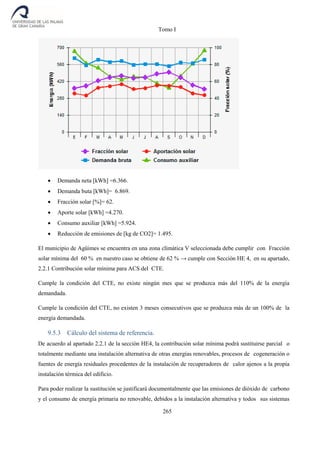 Tomo I
265
 Demanda neta [kWh] =6.366.
 Demanda buta [kWh]= 6.869.
 Fracción solar [%]= 62.
 Aporte solar [kWh] =4.270.
 Consumo auxiliar [kWh] =5.924.
 Reducción de emisiones de [kg de CO2]= 1.495.
El municipio de Agüimes se encuentra en una zona climática V seleccionada debe cumplir con Fracción
solar mínima del 60 % en nuestro caso se obtiene de 62 % → cumple con Sección HE 4, en su apartado,
2.2.1 Contribución solar mínima para ACS del CTE.
Cumple la condición del CTE, no existe ningún mes que se produzca más del 110% de la energía
demandada.
Cumple la condición del CTE, no existen 3 meses consecutivos que se produzca más de un 100% de la
energía demandada.
9.5.3 Cálculo del sistema de referencia.
De acuerdo al apartado 2.2.1 de la sección HE4, la contribución solar mínima podrá sustituirse parcial o
totalmente mediante una instalación alternativa de otras energías renovables, procesos de cogeneración o
fuentes de energía residuales procedentes de la instalación de recuperadores de calor ajenos a la propia
instalación térmica del edificio.
Para poder realizar la sustitución se justificará documentalmente que las emisiones de dióxido de carbono
y el consumo de energía primaria no renovable, debidos a la instalación alternativa y todos sus sistemas
 