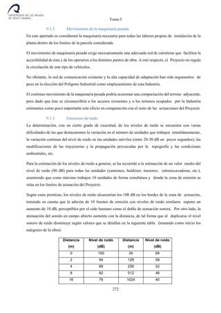 Tomo I
272
9.1.2 Movimientos de la maquinaria pesada.
En este apartado se considerará la maquinaria necesaria para todas las labores propias de instalación de la
planta dentro de los límites de la parcela considerada.
El movimiento de maquinaria pesada exige necesariamente una adecuada red de carreteras que faciliten la
accesibilidad de ésta y de los operarios a los distintos puntos de obra. A este respecto, el Proyecto no regula
la circulación de este tipo de vehículos.
No obstante, la red de comunicación existente y la alta capacidad de adaptación han sido argumentos de
peso en la elección del Polígono Industrial como emplazamiento de esta Industria.
El continuo movimiento de la maquinaria pesada podría ocasionar una compactación del terreno adyacente,
pero dado que éste se circunscribirá a los accesos existentes y a los terrenos ocupados por la Industria
estimamos como poco importante este efecto en comparación con el resto de las actuaciones del Proyecto.
9.1.3 Emisiones de ruido.
La determinación, con un cierto grado de exactitud, de los niveles de ruido se encuentra con varias
dificultades de las que destacaremos la variación en el número de unidades que trabajen simultáneamente,
la variación continua del nivel de ruido en las unidades móviles (entre 20-30 dB en pocos segundos), las
modificaciones de las trayectorias y la propagación provocadas por la topografía y las condiciones
ambientales, etc.
Para la estimación de los niveles de ruido a generar, se ha recurrido a la estimación de un valor medio del
nivel de ruido (90 dB) para todas las unidades (camiones, buldózer, tractores, retroexcavadoras, etc.),
asumiendo que como máximo trabajen 10 unidades de forma simultánea y donde la zona de emisión se
sitúa en los límites de actuación del Proyecto.
Según estas premisas, los niveles de ruido alcanzarían los 100 dB en los bordes de la zona de actuación,
teniendo en cuenta que la adición de 10 fuentes de emisión con niveles de ruido similares supone un
aumento de 10 dB, perceptibles por el oído humano como el doble de sensación sonora. Por otro lado, la
atenuación del sonido en campo abierto aumenta con la distancia, de tal forma que al duplicarse el nivel
sonoro de ruido disminuye según valores que se detallan en la siguiente tabla (tomando como inicio los
márgenes de la obra):
Distancia
(m)
Nivel de ruido
(dB)
Distancia
(m)
Nivel de ruido
(dB)
0 100 34 64
2 94 128 58
4 88 256 52
8 82 512 46
16 76 1024 40
 