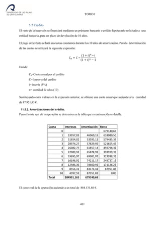 TOMO I
411
5.2 Crédito.
El resto de la inversión se financiará mediante un préstamo bancario o crédito hipotecario solicitado a una
entidad bancaria, para un plazo de devolución de 10 años.
El pago del crédito se hará en cuotas constantes durante los 10 años de amortización. Para la determinación
de las cuotas se utilizará la siguiente expresión:
𝐶 𝑎 = 𝐶 ∗
(1 + 𝑖) 𝑛
∗ 𝑖
(1 + 𝑖) 𝑛 − 1
Donde:
Ca=Cuota anual por el crédito
C= Importe del crédito
i= interés (5%)
n= cantidad de años (10)
Sustituyendo estos valores en la expresión anterior, se obtiene una cuota anual que asciende a la cantidad
de 87.951,83 €.
11.5.2. Amortizaciones del crédito.
Pero el coste real de la operación se determina en la tabla que a continuación se detalla.
Cuota Intereses Amortización Resto
0 679140,69
1 33957,03 46060,19 633080,50
2 31654,02 53595,11 579485,39
3 28974,27 57829,92 521655,47
4 26082,77 61857,14 459798,32
5 22989,92 65878,93 393919,39
6 19695,97 69981,07 323938,32
7 16196,92 74211,17 249727,15
8 12486,36 78600,92 171126,23
9 8556,31 83174,41 87951,83
10 4397,59 87951,83 0,00
Total 204991,165 679140,69
El coste real de la operación asciende a un total de 884.131,86 €.
 