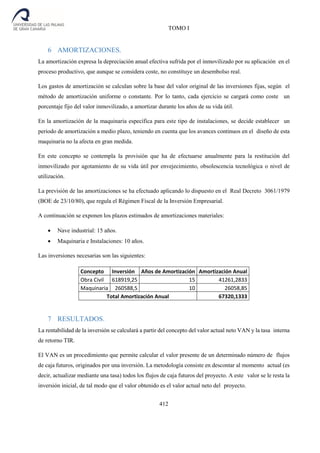 TOMO I
412
6 AMORTIZACIONES.
La amortización expresa la depreciación anual efectiva sufrida por el inmovilizado por su aplicación en el
proceso productivo, que aunque se considera coste, no constituye un desembolso real.
Los gastos de amortización se calculan sobre la base del valor original de las inversiones fijas, según el
método de amortización uniforme o constante. Por lo tanto, cada ejercicio se cargará como coste un
porcentaje fijo del valor inmovilizado, a amortizar durante los años de su vida útil.
En la amortización de la maquinaria específica para este tipo de instalaciones, se decide establecer un
periodo de amortización a medio plazo, teniendo en cuenta que los avances continuos en el diseño de esta
maquinaria no la afecta en gran medida.
En este concepto se contempla la provisión que ha de efectuarse anualmente para la restitución del
inmovilizado por agotamiento de su vida útil por envejecimiento, obsolescencia tecnológica o nivel de
utilización.
La previsión de las amortizaciones se ha efectuado aplicando lo dispuesto en el Real Decreto 3061/1979
(BOE de 23/10/80), que regula el Régimen Fiscal de la Inversión Empresarial.
A continuación se exponen los plazos estimados de amortizaciones materiales:
 Nave industrial: 15 años.
 Maquinaria e Instalaciones: 10 años.
Las inversiones necesarias son las siguientes:
Concepto Inversión Años de Amortización Amortización Anual
Obra Civil 618919,25 15 41261,2833
Maquinaria 260588,5 10 26058,85
Total Amortización Anual 67320,1333
7 RESULTADOS.
La rentabilidad de la inversión se calculará a partir del concepto del valor actual neto VAN y la tasa interna
de retorno TIR.
El VAN es un procedimiento que permite calcular el valor presente de un determinado número de flujos
de caja futuros, originados por una inversión. La metodología consiste en descontar al momento actual (es
decir, actualizar mediante una tasa) todos los flujos de caja futuros del proyecto. A este valor se le resta la
inversión inicial, de tal modo que el valor obtenido es el valor actual neto del proyecto.
 