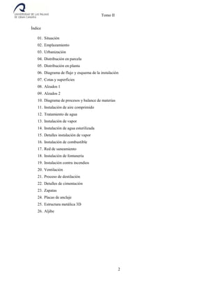 Tomo II
Índice
01. Situación
02. Emplazamiento
03. Urbanización
04. Distribución en parcela
05. Distribución en planta
06. Diagrama de flujo y esquema de la instalación
07. Cotas y superficies
08. Alzados 1
09. Alzados 2
10. Diagrama de procesos y balance de materias
11. Instalación de aire comprimido
12. Tratamiento de agua
13. Instalación de vapor
14. Instalación de agua esterilizada
15. Detalles instalación de vapor
16. Instalación de combustible
17. Red de saneamiento
18. Instalación de fontanería
19. Instalación contra incendios
20. Ventilación
21. Proceso de destilación
22. Detalles de cimentación
23. Zapatas
24. Placas de anclaje
25. Estructura metálica 3D
26. Aljibe
2
 