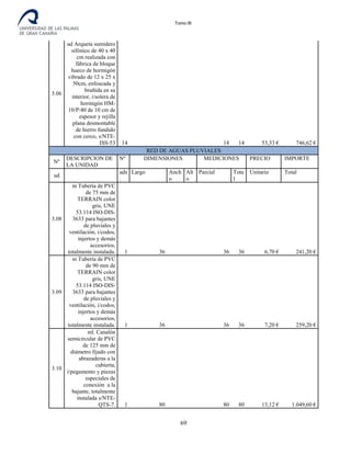 Tomo III
3.06
ud Arqueta sumidero
sifónico de 40 x 40
cm realizada con
fábrica de bloque
hueco de hormigón
vibrado de 12 x 25 x
50cm, enfoscada y
bruñida en su
interior, i/solera de
hormigón HM-
10/P/40 de 10 cm de
espesor y rejilla
plana desmontable
de hierro fundido
con cerco, s/NTE-
ISS-53 14 14 14 53,33 € 746,62 €
RED DE AGUAS PLUVIALES
Nº
DESCRIPCION DE
LA UNIDAD
Nº DIMENSIONES MEDICIONES PRECIO IMPORTE
ud
uds
.
Largo Anch
o
Alt
o
Parcial Tota
l
Unitario Total
3.08
m Tubería de PVC
de 75 mm de
TERRAIN color
gris, UNE
53.114 ISO-DIS-
3633 para bajantes
de pluviales y
ventilación, i/codos,
injertos y demás
accesorios,
totalmente instalada. 1 36 36 36 6,70 € 241,20 €
3.09
m Tubería de PVC
de 90 mm de
TERRAIN color
gris, UNE
53.114 ISO-DIS-
3633 para bajantes
de pluviales y
ventilación, i/codos,
injertos y demás
accesorios,
totalmente instalada. 1 36 36 36 7,20 € 259,20 €
3.10
ml. Canalón
semicircular de PVC
de 125 mm de
diámetro fijado con
abrazaderas a la
cubierta,
i/pegamento y piezas
especiales de
conexión a la
bajante, totalmente
instalada s/NTE-
QTS-7. 1 80 80 80 13,12 € 1.049,60 €
69
 