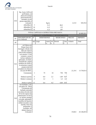 Tomo III
4.02
Kg. Acero A42b en
perfil plano, en
placas de anclaje
paracimentación,
montado, p.p de
piezas especiales y
colocado. Kg/m 2,31 € 929,78 €
450x300x18 7 11,5 80,5
400x600x22 10 11,5 115
450x650x22 18 11,5 207
TOTAL CAPITULO 4: ESTRUCTURA METALICA
63.095,92 €
CAPITULO 5: ALBAÑINERIA Y REVESTIMIENTOS
Nº
DESCRIPCION DE
LA UNIDAD
Nº DIMENSIONES MEDICIONES PRECIO IMPORTE
ud
uds
.
Largo Anch
o
Alt
o
Parcial Tota
l
Unitario Total
5.01
m2 Fábrica de
bloque hueco de
hormigón vibrado de
20cm de espesor
(20x25x50) tomados
con mortero 1:6 de
cemento y arena,
incluso replanteo,
aplomado, nivelado,
humedecido, grapas
metálicas de unión a
la estructura y parte
proporcional de
armadura de refuerzo
de acero B 400 S. 21,35 € 15.739,01 €
Cerramiento 1 75 10 750 750
Dedeucir puertas -5 0,9 2,1 1,89
-
9,45
Deducir ventanas -2 1,2 1 1,2 -2,4
Deducir rejillas -12 0,4 0,2 0,08
-
0,96
5.02
m2 Fachada n. ind.
con placa alv. 20cm
Cerramiento de
fachada contruido
con placa alveolar de
20 cm de espesor de
dimensiones 5x1x0,2
m, incluso montaje
con grúa, aplomado,
tormillos de fijación,
sellado de juntas con
masilla a base de
poliuretano y
recibidos, sin
deducir huecos.
Colocado. 35,06 € 43.148,69 €
74
 