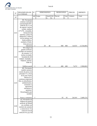 Tomo III
Nº
DESCRIPCION DE
LA UNIDAD
Nº DIMENSIONES MEDICIONES PRECIO IMPORTE
ud
uds
.
Largo Anch
o
Alt
o
Parcial Tota
l
Unitario Total
6.01
M2. Pavimento
contínuo realizado
con hormigón HA-
20/B/20, de 15 cm
de espesor, incluso
vertido, mallazo
15*15*6, extendido,
formación de
maestras, juntas de
dilatación y relleno
de las mismas con
betún asfáltico,
acabado al fratás.
Zona proceso
industrial 1 20 40 800 800 16,92 € 13.536,00 €
6.02
Ml rodapié de
granito artificial,
recibido con mortero
de cemento 1:6,
incluso nivelado,
humedecido del
rodapié, rejuntado y
limpieza. S/NTE-
RSR-26.
Edificio social 1 10 40 400 400 7,47 € 2.988,00 €
6.03
M2. Pavimento
modelo sanitario
exento de poros con
piezasde 33 x 33cm
de la casa Tornic
Iberica S.A.
continuos,impermea
bles, no absorbentes,
antideslizantes,
resistentes a
agresiones
mecánicas y
químicas.
Homologados por
sanidad.
Aseos y vestuarios 1 92 92 28,36 € 2.609,12 €
6.04
m2. Pavimento de
baldosa de granito
artificial, de 40x40
cm, recibido con
mortero de cemento
y arena de río 1/6,
cama de 2cm de
arena de río, p.p. de
77
 