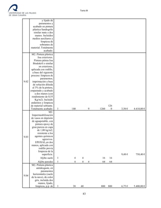 Tomo III
y lijado de
paramentos y
acabado en pintura
plástica Sandogrilo
similar mate a dos
manos. Incluídos
medios auxiliares y
limpieza de
sobrantes de
material. Totalmente
acabado.
9.02
M2. Pintura plástica
lisa exteriores.
Pintura pétrea lisa
Bindokril o similar
en exteriores,
aplicada con rodillo,
a base del siguiente
proceso: limpieza de
paramentos,
imprimación a base
de solución diluida
al 3% de la pintura,
empastado y acabado
a dos manos (con
rendimiento de 0,55
Kg/m2). Incluido
andamios y limpieza
de material sobrante.
Totalmente acabado. 1 140 9 1260
126
0 3,50 € 4.410,00 €
9.03
M2.
Impermeabilización
de vasos en depósito
de aguapotable, con
pintura epoxy de
gran pureza en capa
de 1,00 kg/m2,
resistente a los
agentes químicos
agresivos.
EPOXAL,en dos
manos, aplicada con
rodillo previa
limpieza de la
superficie. 9,48 € 758,40 €
Aljibe suelo 1 4 4 16 16
Aljibe paredes 1 4 4 4 64 64
9.04
M2. Pintura plástica
antidesgaste, en
paramentos
horizontales (suelo
de la nave), de color
gris, incluída dos
manos, lijado,
limpieza, p.p. de 1 20 40 800 800 6,75 € 5.400,00 €
83
 