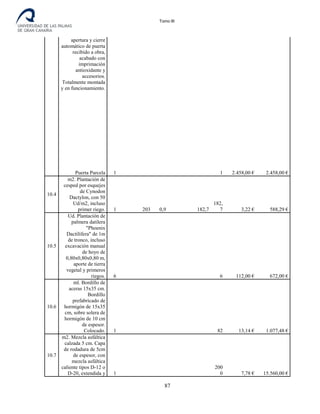 Tomo III
apertura y cierre
automático de puerta
recibido a obra,
acabado con
imprimación
antioxidante y
accesorios.
Totalmente montada
y en funcionamiento.
Puerta Parcela 1 1 2.458,00 € 2.458,00 €
10.4
m2. Plantación de
cesped por esquejes
de Cynodon
Dactylon, con 50
Ud/m2, incluso
primer riego. 1 203 0,9 182,7
182,
7 3,22 € 588,29 €
10.5
Ud. Plantación de
palmera datilera
"Phoenix
Dactilífera" de 1m
de tronco, incluso
excavación manual
de hoyo de
0,80x0,80x0,80 m,
aporte de tierra
vegetal y primeros
riegos. 6 6 112,00 € 672,00 €
10.6
ml. Bordillo de
aceras 15x35 cm.
Bordillo
prefabricado de
hormigón de 15x35
cm, sobre solera de
hormigón de 10 cm
de espesor.
Colocado. 1 82 13,14 € 1.077,48 €
10.7
m2. Mezcla asfáltica
calzada 5 cm. Capa
de rodadura de 5cm
de espesor, con
mezcla asfáltica
caliente tipos D-12 o
D-20, extendida y 1
200
0 7,78 € 15.560,00 €
87
 