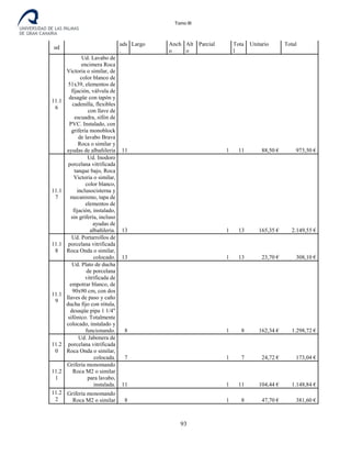 Tomo III
ud
uds
.
Largo Anch
o
Alt
o
Parcial Tota
l
Unitario Total
11.1
6
Ud. Lavabo de
encimera Roca
Victoria o similar, de
color blanco de
51x39, elementos de
fijación, válvula de
desagüe con tapón y
cadenilla, flexibles
con llave de
escuadra, sifón de
PVC. Instalado, con
grifería monoblock
de lavabo Brava
Roca o similar y
ayudas de albañileria 11 1 11 88,50 € 973,50 €
11.1
7
Ud. Inodoro
porcelana vitrificada
tanque bajo, Roca
Victoria o similar,
color blanco,
inclusocisterna y
mecanismo, tapa de
elementos de
fijación, instalado,
sin grifería, incluso
ayudas de
albañilería. 13 1 13 165,35 € 2.149,55 €
11.1
8
Ud. Portarrollos de
porcelana vitrificada
Roca Onda o similar,
colocado. 13 1 13 23,70 € 308,10 €
11.1
9
Ud. Plato de ducha
de porcelana
vitrificada de
empotrar blanco, de
90x90 cm, con dos
llaves de paso y caño
ducha fijo con rótula,
desaqüe pipa 1 1/4"
sifónico. Totalmente
colocado, instalado y
funcionando. 8 1 8 162,34 € 1.298,72 €
11.2
0
Ud. Jabonera de
porcelana vitrificada
Roca Onda o similar,
colocada. 7 1 7 24,72 € 173,04 €
11.2
1
Grifería monomando
Roca M2 o similar
para lavabo,
instalada. 11 1 11 104,44 € 1.148,84 €
11.2
2
Grifería monomando
Roca M2 o similar 8 1 8 47,70 € 381,60 €
93
 