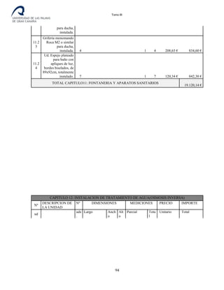 Tomo III
para ducha,
instalada.
11.2
3
Grifería monomando
Roca M2 o similar
para ducha,
instalada. 4 1 4 208,65 € 834,60 €
11.2
4
Ud. Espejo plateado
para baño con
apliques de luz,
bordes biselados, de
89x92cm, totalmente
instalado. 7 1 7 120,34 € 842,38 €
TOTAL CAPITULO11: FONTANERIA Y APARATOS SANITARIOS
19.120,14 €
CAPITULO 12: INSTALACION DE TRATAMIENTO DE AGUA(OSMOSIS INVERSA)
Nº
DESCRIPCION DE
LA UNIDAD
Nº DIMENSIONES MEDICIONES PRECIO IMPORTE
ud
uds
.
Largo Anch
o
Alt
o
Parcial Tota
l
Unitario Total
94
 