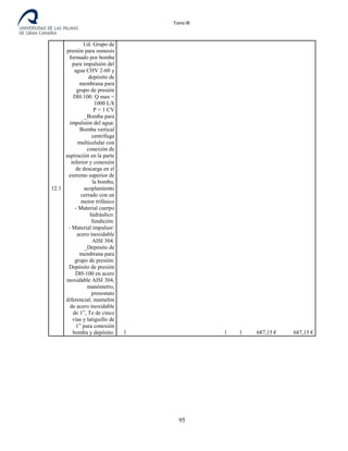 Tomo III
12.1
Ud. Grupo de
presión para osmosis
formado por bomba
para impulsión del
agua CHV 2-60 y
depósito de
membrana para
grupo de presión
DH-100. Q max =
1000 L/h
P = 1 CV
_Bomba para
impulsión del agua:
Bomba vertical
centrífuga
multicelular con
conexión de
aspiración en la parte
inferior y conexión
de descarga en el
extremo superior de
la bomba,
acoplamiento
cerrado con un
motor trifásico
- Material cuerpo
hidráulico:
fundición.
- Material impulsor:
acero inoxidable
AISI 304.
_Depósito de
membrana para
grupo de presión:
Depósito de presión
DH-100 en acero
inoxidable AISI 304,
manómetro,
presostato
diferencial, mamelón
de acero inoxidable
de 1”, Te de cinco
vías y latiguillo de
1” para conexión
bomba y depósito. 1 1 1 687,15 € 687,15 €
95
 
