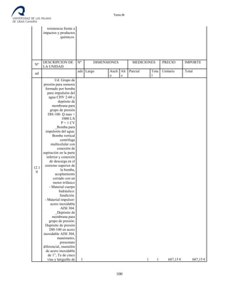 Tomo III
resistencia frente a
impactos y productos
químicos.
Nº
DESCRIPCION DE
LA UNIDAD
Nº DIMENSIONES MEDICIONES PRECIO IMPORTE
ud
uds
.
Largo Anch
o
Alt
o
Parcial Tota
l
Unitario Total
12.1
0
Ud. Grupo de
presión para osmosis
formado por bomba
para impulsión del
agua CHV 2-60 y
depósito de
membrana para
grupo de presión
DH-100. Q max =
1000 L/h
P = 1 CV
_Bomba para
impulsión del agua:
Bomba vertical
centrífuga
multicelular con
conexión de
aspiración en la parte
inferior y conexión
de descarga en el
extremo superior de
la bomba,
acoplamiento
cerrado con un
motor trifásico
- Material cuerpo
hidráulico:
fundición.
- Material impulsor:
acero inoxidable
AISI 304.
_Depósito de
membrana para
grupo de presión:
Depósito de presión
DH-100 en acero
inoxidable AISI 304,
manómetro,
presostato
diferencial, mamelón
de acero inoxidable
de 1”, Te de cinco
vías y latiguillo de 1 1 1 687,15 € 687,15 €
100
 