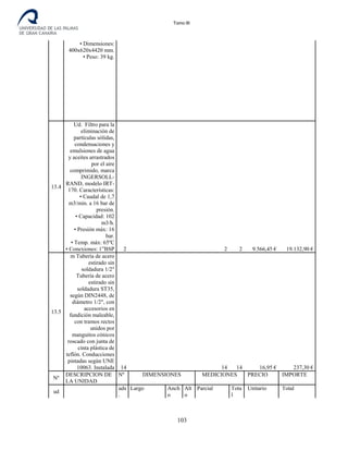 Tomo III
• Dimensiones:
400x620x4420 mm.
• Peso: 39 kg.
13.4
Ud. Filtro para la
eliminación de
partículas sólidas,
condensaciones y
emulsiones de agua
y aceites arrastrados
por el aire
comprimido, marca
INGERSOLL-
RAND, modelo IRT-
170. Características:
• Caudal de 1,7
m3/min. a 16 bar de
presión.
• Capacidad: 102
m3/h.
• Presión máx: 16
bar.
• Temp. máx: 65ºC
• Conexiones: 1”BSP 2 2 2 9.566,45 € 19.132,90 €
13.5
m Tubería de acero
estirado sin
soldadura 1/2"
Tubería de acero
estirado sin
soldadura ST35,
según DIN2448, de
diámetro 1/2", con
accesorios en
fundición maleable,
con tramos rectos
unidos por
manguitos cónicos
roscado con junta de
cinta plástica de
teflón. Conducciones
pintadas según UNE
10063. Instalada 14 14 14 16,95 € 237,30 €
Nº
DESCRIPCION DE
LA UNIDAD
Nº DIMENSIONES MEDICIONES PRECIO IMPORTE
ud
uds
.
Largo Anch
o
Alt
o
Parcial Tota
l
Unitario Total
103
 