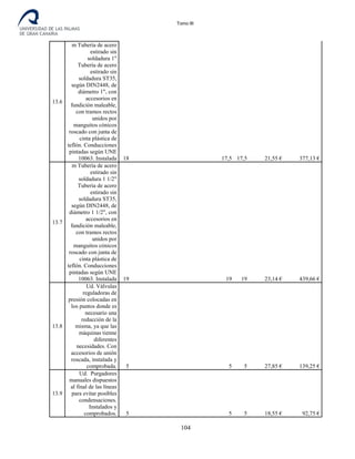 Tomo III
13.6
m Tubería de acero
estirado sin
soldadura 1"
Tubería de acero
estirado sin
soldadura ST35,
según DIN2448, de
diámetro 1", con
accesorios en
fundición maleable,
con tramos rectos
unidos por
manguitos cónicos
roscado con junta de
cinta plástica de
teflón. Conducciones
pintadas según UNE
10063. Instalada 18 17,5 17,5 21,55 € 377,13 €
13.7
m Tubería de acero
estirado sin
soldadura 1 1/2"
Tubería de acero
estirado sin
soldadura ST35,
según DIN2448, de
diámetro 1 1/2", con
accesorios en
fundición maleable,
con tramos rectos
unidos por
manguitos cónicos
roscado con junta de
cinta plástica de
teflón. Conducciones
pintadas según UNE
10063. Instalada 19 19 19 23,14 € 439,66 €
13.8
Ud. Válvulas
reguladoras de
presión colocadas en
los puntos donde es
necesario una
reducción de la
misma, ya que las
máquinas tienne
diferentes
necesidades. Con
accesorios de unión
roscada, instalada y
comprobada. 5 5 5 27,85 € 139,25 €
13.9
Ud. Purgadores
manuales dispuestos
al final de las líneas
para evitar posibles
condensaciones.
Instalados y
comprobados. 5 5 5 18,55 € 92,75 €
104
 