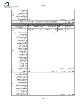 Tomo III
13.1
0
Ud. Enchufes
rápidos con
manómetros de
presión en los puntos
de conexión con las
máquinas. Instalados
y comprobados. 5 5 5 14,84 € 74,20 €
TOTAL CAPITULO12: INSTALACION DE AIRE COMPRIMIDO
34.821,33 €
CAPITULO 14: INSTALACION DE VAPOR Y AGUA ESTERILIZADA
Nº
DESCRIPCION DE
LA UNIDAD
Nº DIMENSIONES MEDICIONES PRECIO IMPORTE
ud
uds
.
Largo Anch
o
Alt
o
Parcial Tota
l
Unitario Total
14.1
Ud. Caldera de vapor
recalentado:
• Modelo: RL-800
• Tipo: Horizontal
acuotubular
• Producción de
vapor: 800 kg/h
• Potencia térmica
útil: 460.000
Kcal/h_2.000kW
• Presión máxima
servicio: 14 bar
• Clase vapor:
Saturado
• Consumo de
combustible:
• Gasóleo (8.900
kcal/L): 57 L/h
• Dimensiones:
2.200 x 1.700 x
1.750 mm.
• Peso: 2,20 Ton
• Potencia total
instalada:51 HP 1 1 1 14.389,35 € 14.389,35 €
14.2
Soportes para
tuberías 14 14 14 8,71 € 121,94 €
14.3
Ud. Chimenea
francesa prefabricada
modelo Artois de
1,25 m en ángulo de
Richard Ledroff o
similar, totalmente
instalada, incluso
formación de
campana con ladrillo
hueco sencillo,
recibida con mortero
de cemento y arena
de río 1/8,
guarnecido de yeso
negro y enlucido de 1 1 1 553,26 € 553,26 €
105
 